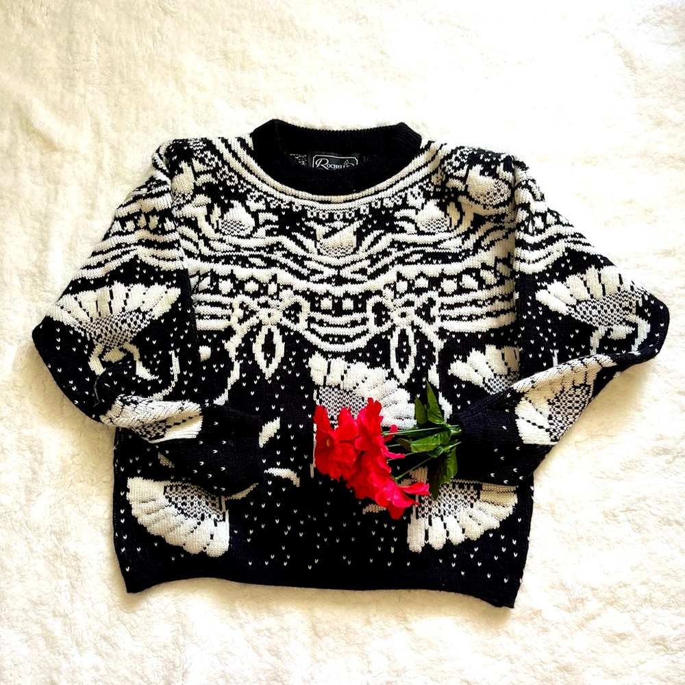 Vintage Rochelle California Women’s Sweater Black-White Fan Sz M‎ Pullover